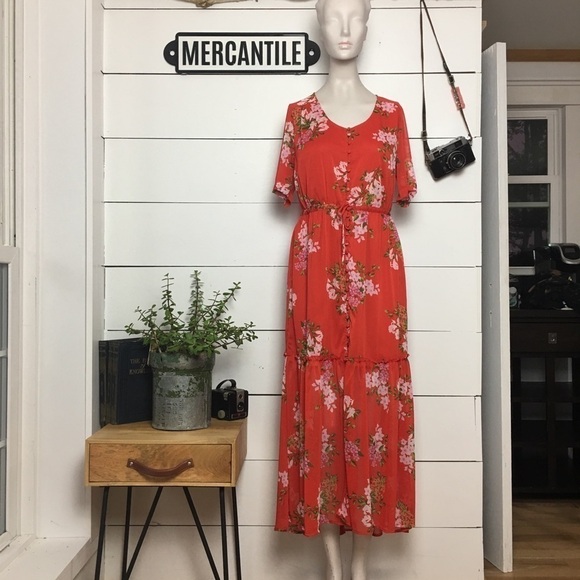 Who What Wear Dresses & Skirts - Romantic Who What Wear floral maxi dress in a vibrant red-orange shade with pink